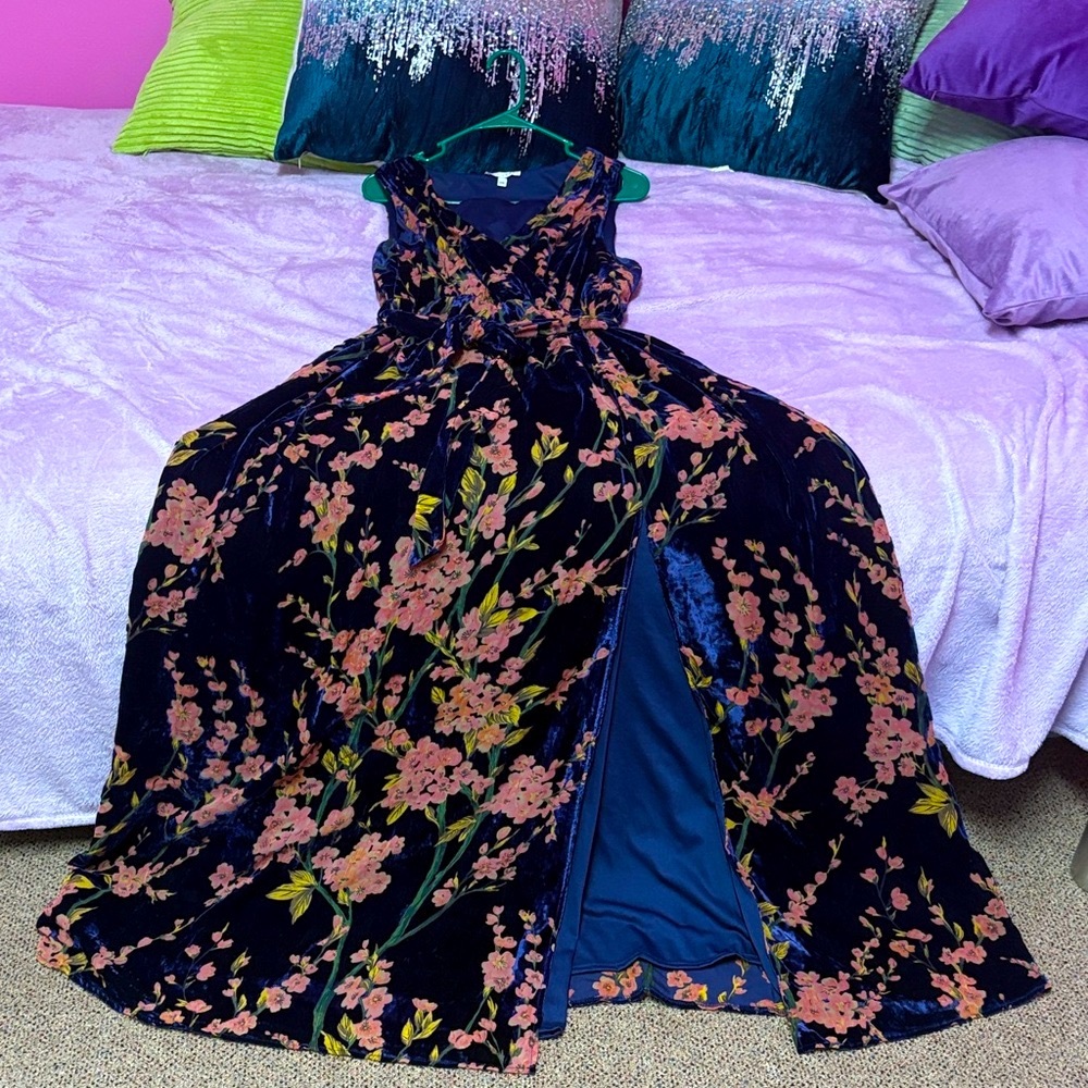 Baltic Born Lennon navy blue Floral Velvet Maxi Dress stretchy size XXL classy - Picture 10 of 16